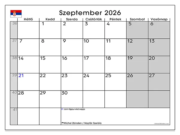 nyomtatható naptár Szeptember 2026 - Szerbia