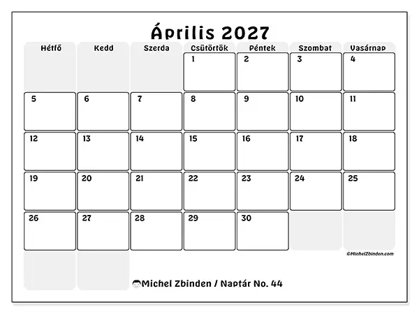 nyomtatható naptár Április 2027 - Jól tagolt terv