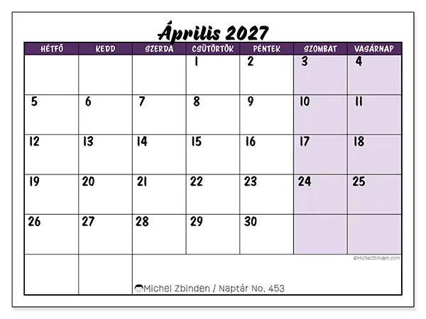 nyomtatható naptár Április 2027 - Színes feladatok
