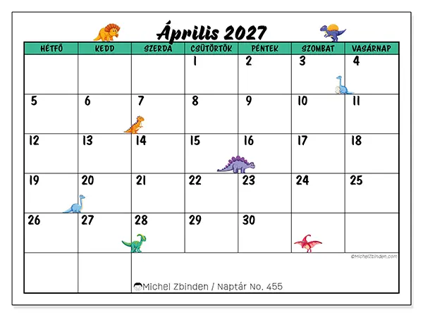 nyomtatható naptár Április 2027 - Kis dinoszauruszok