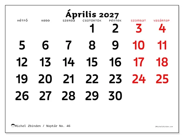 nyomtatható naptár Április 2027 - Tiszta kép