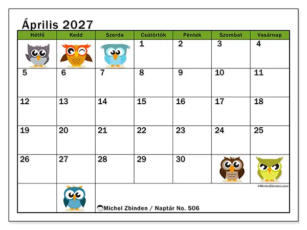 nyomtatható naptár Április 2027 - Vicces baglyok