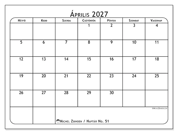 nyomtatható naptár Április 2027 - Étkezéstervező