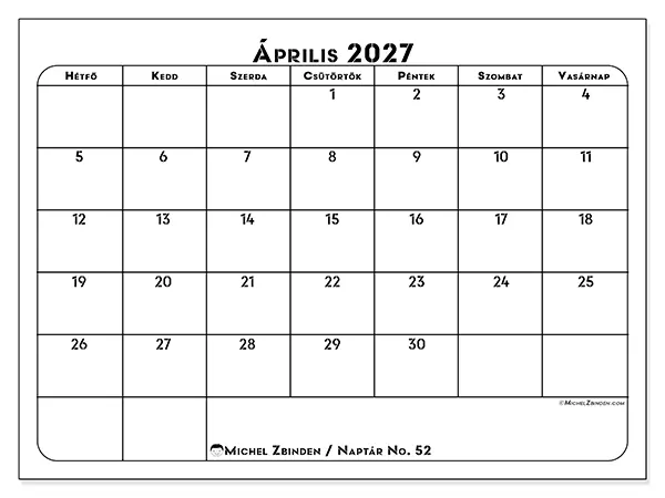 nyomtatható naptár Április 2027 - Munkaterv