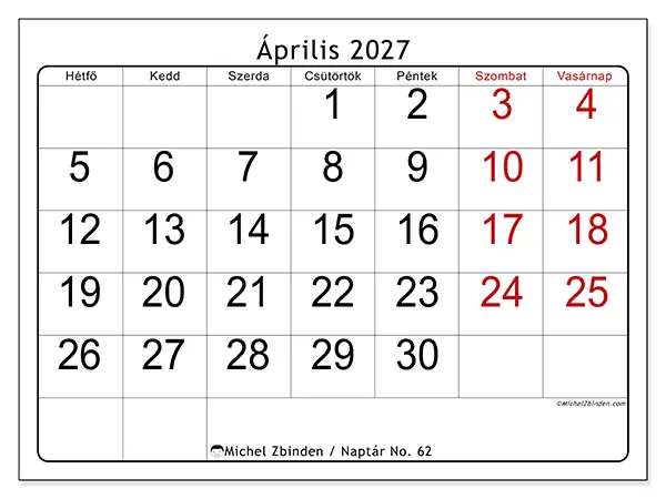 nyomtatható naptár Április 2027 - Gyors áttekintés