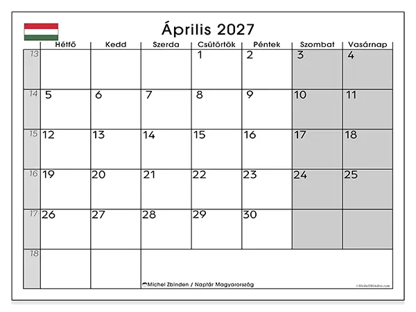 nyomtatható naptár Április 2027 - Magyarország