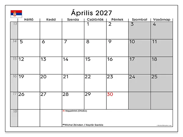 nyomtatható naptár Április 2027 - Szerbia