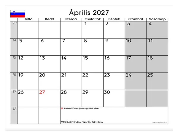 nyomtatható naptár Április 2027 - Szlovénia