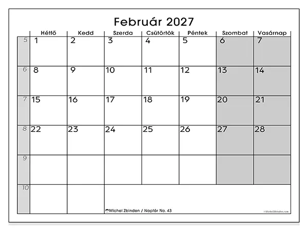 nyomtatható naptár Február 2027 - Jól áttekinthető
