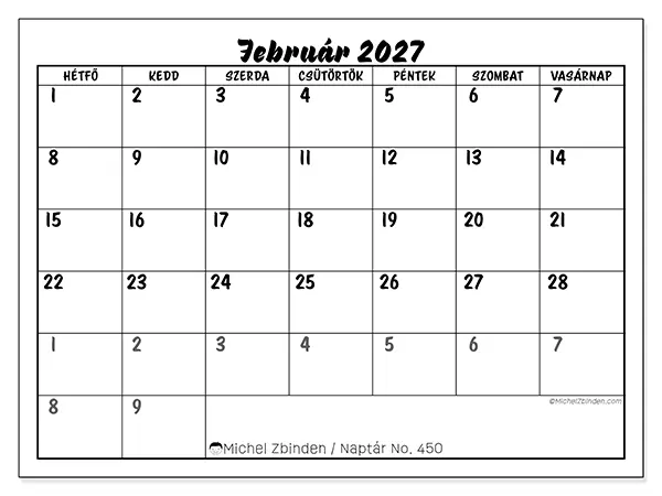 nyomtatható naptár Február 2027 - Részletes modell