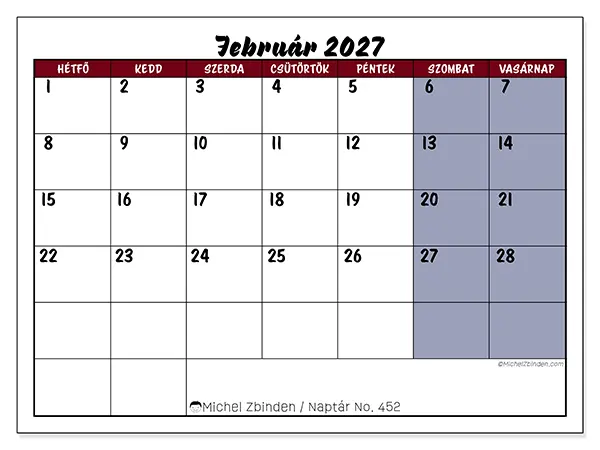 nyomtatható naptár Február 2027 - Feladatok színekben