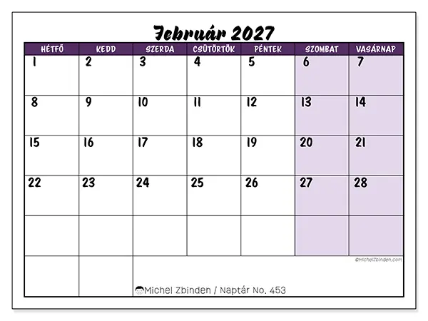 nyomtatható naptár Február 2027 - Színes feladatok