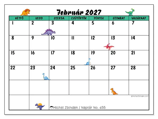 nyomtatható naptár Február 2027 - Kis dinoszauruszok