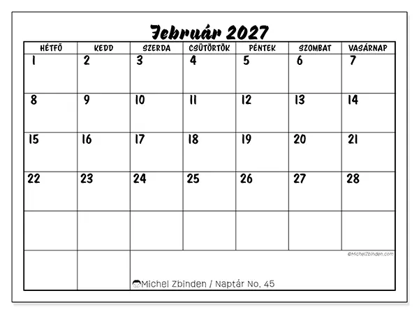 nyomtatható naptár Február 2027 - Iskolai siker