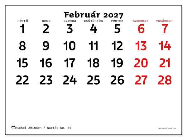 nyomtatható naptár Február 2027 - Tiszta kép