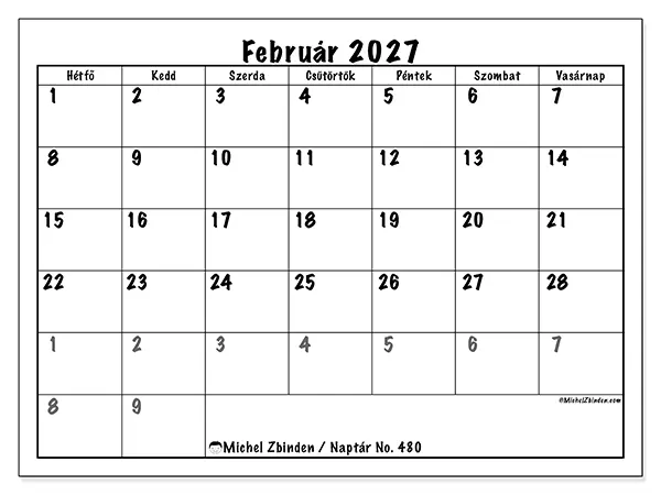 nyomtatható naptár Február 2027 - Teljes tervezés