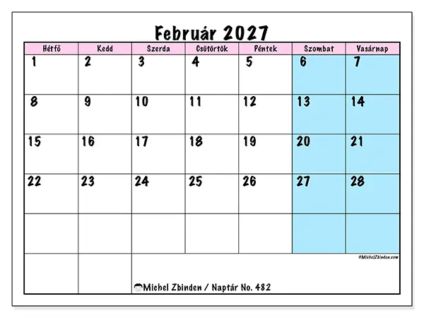 nyomtatható naptár Február 2027 - Csapat időbeosztás
