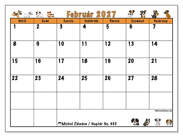 nyomtatható naptár Február 2027 - Lelkes kutyák