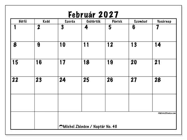 nyomtatható naptár Február 2027 - Napi tervek
