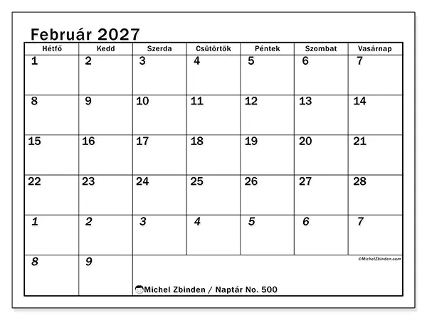 nyomtatható naptár Február 2027 - Intenzív tervezés