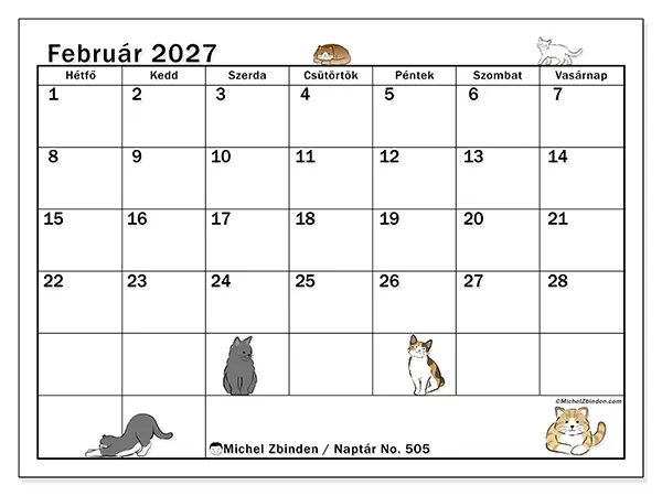 nyomtatható naptár Február 2027 - Macska élete