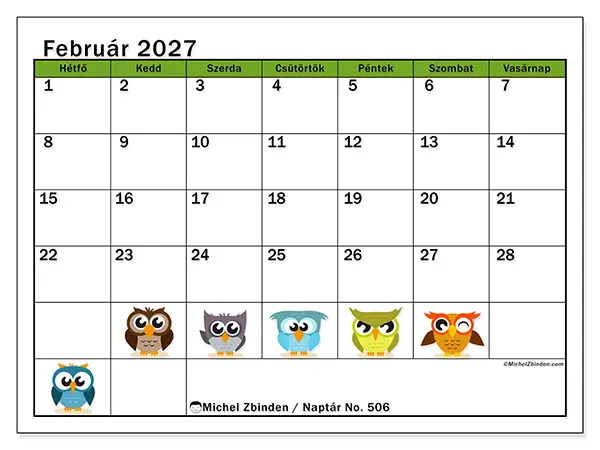 nyomtatható naptár Február 2027 - Vicces baglyok