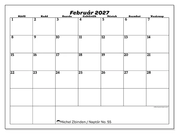 nyomtatható naptár Február 2027 - Szabadidő