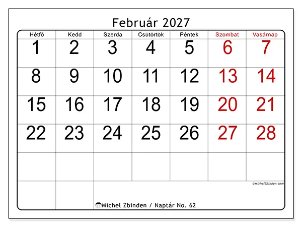 nyomtatható naptár Február 2027 - Gyors áttekintés
