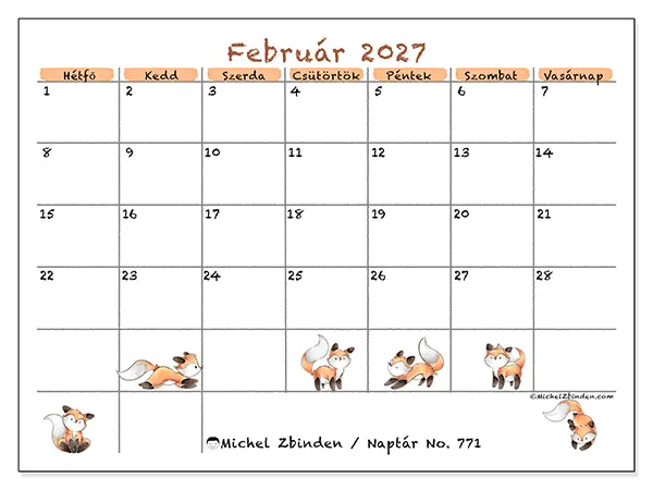 nyomtatható naptár Február 2027 - Róka rajzok