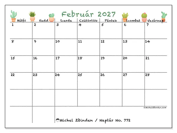 nyomtatható naptár Február 2027 - Dekoratív kaktuszok