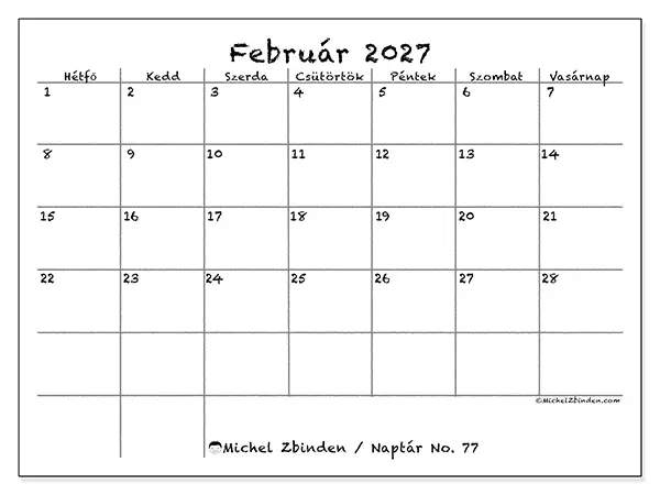 nyomtatható naptár Február 2027 - Iskola és család