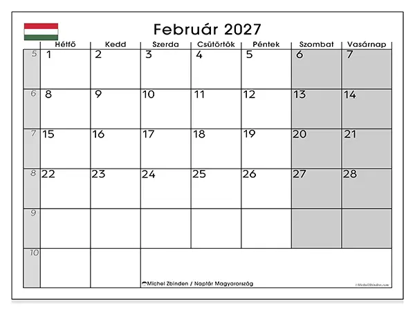 nyomtatható naptár Február 2027 - Magyarország