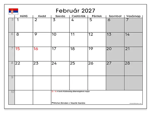 nyomtatható naptár Február 2027 - Szerbia