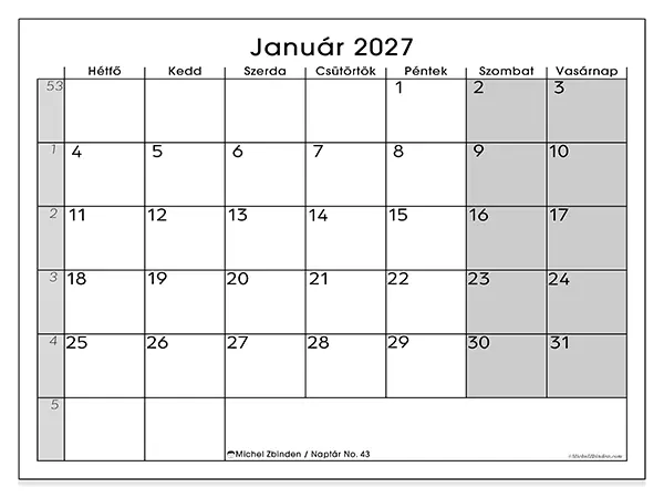 nyomtatható naptár Január 2027 - Jól áttekinthető