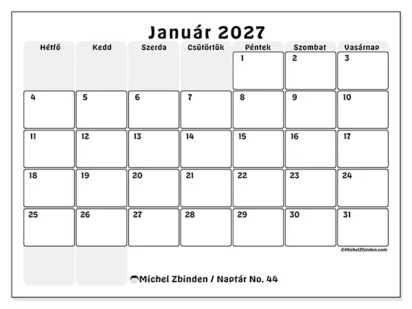 nyomtatható naptár Január 2027 - Jól tagolt terv