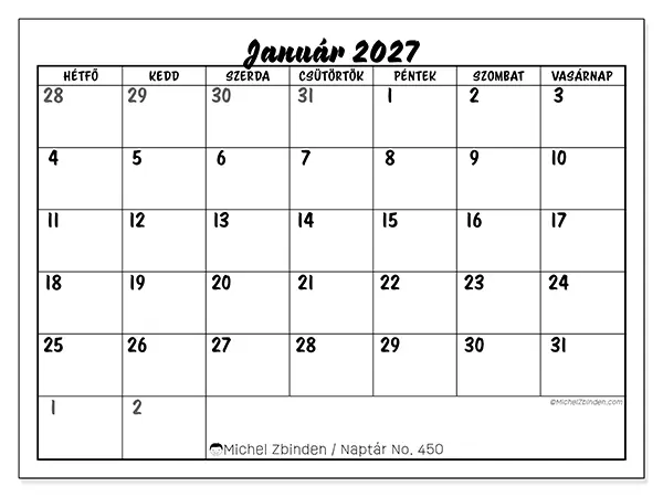 nyomtatható naptár Január 2027 - Részletes modell