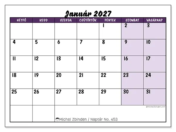 nyomtatható naptár Január 2027 - Színes feladatok