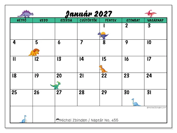 nyomtatható naptár Január 2027 - Kis dinoszauruszok