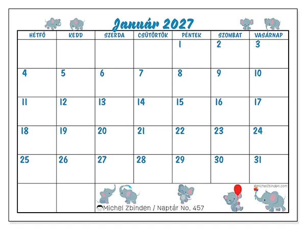 nyomtatható naptár Január 2027 - Kis elefántok