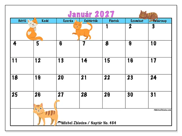 nyomtatható naptár Január 2027 - Macskák szeretete