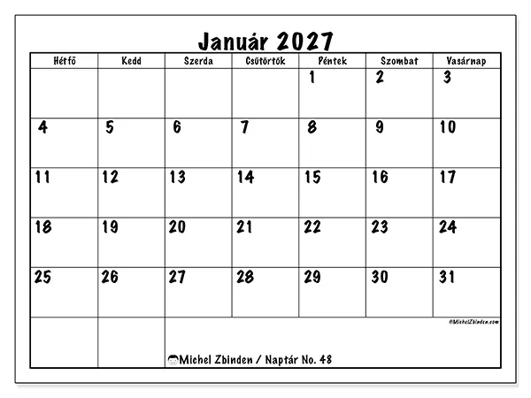 nyomtatható naptár Január 2027 - Napi tervek