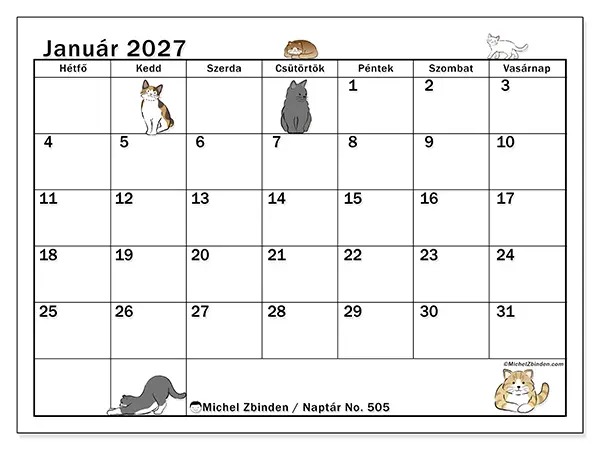 nyomtatható naptár Január 2027 - Macska élete