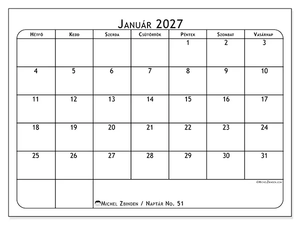 nyomtatható naptár Január 2027 - Étkezéstervező
