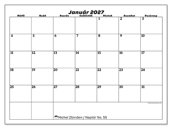nyomtatható naptár Január 2027 - Szabadidő