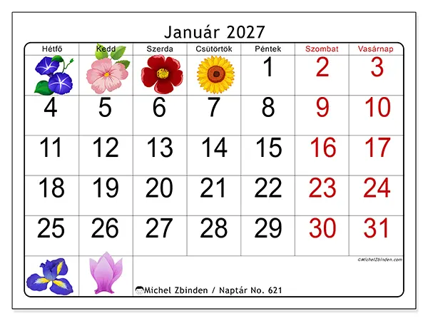 nyomtatható naptár Január 2027 - Nagy virágok