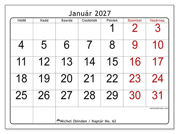 nyomtatható naptár Január 2027 - Gyors áttekintés