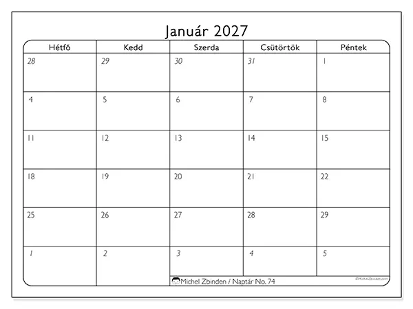 nyomtatható naptár Január 2027 - Munkanapok