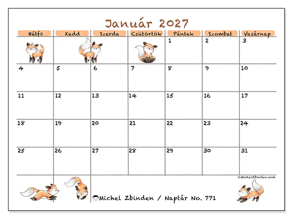 nyomtatható naptár Január 2027 - Róka rajzok