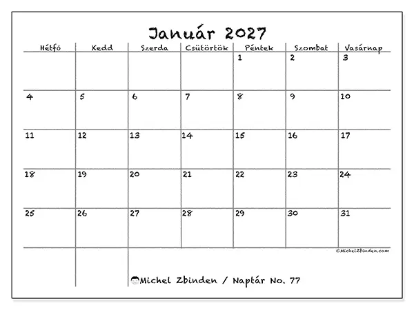 nyomtatható naptár Január 2027 - Iskola és család