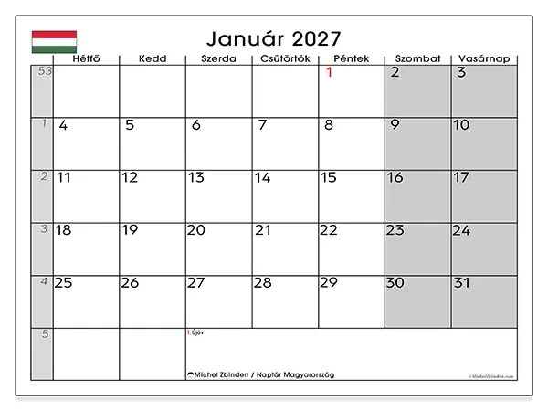 nyomtatható naptár Január 2027 - Magyarország